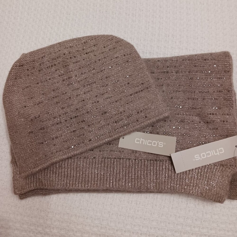 Chico's Tan Neutral Knit Stocking Cap/Hat and Scarf Set NWT